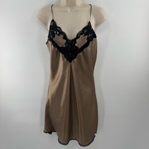 Vintage Pollinaise Satin Slip Dress Brown w Black Lace Floral USA Size M (P1)